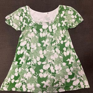 H & M Green & White Floral Short Sleeve Scoop Neck Top Oversized M